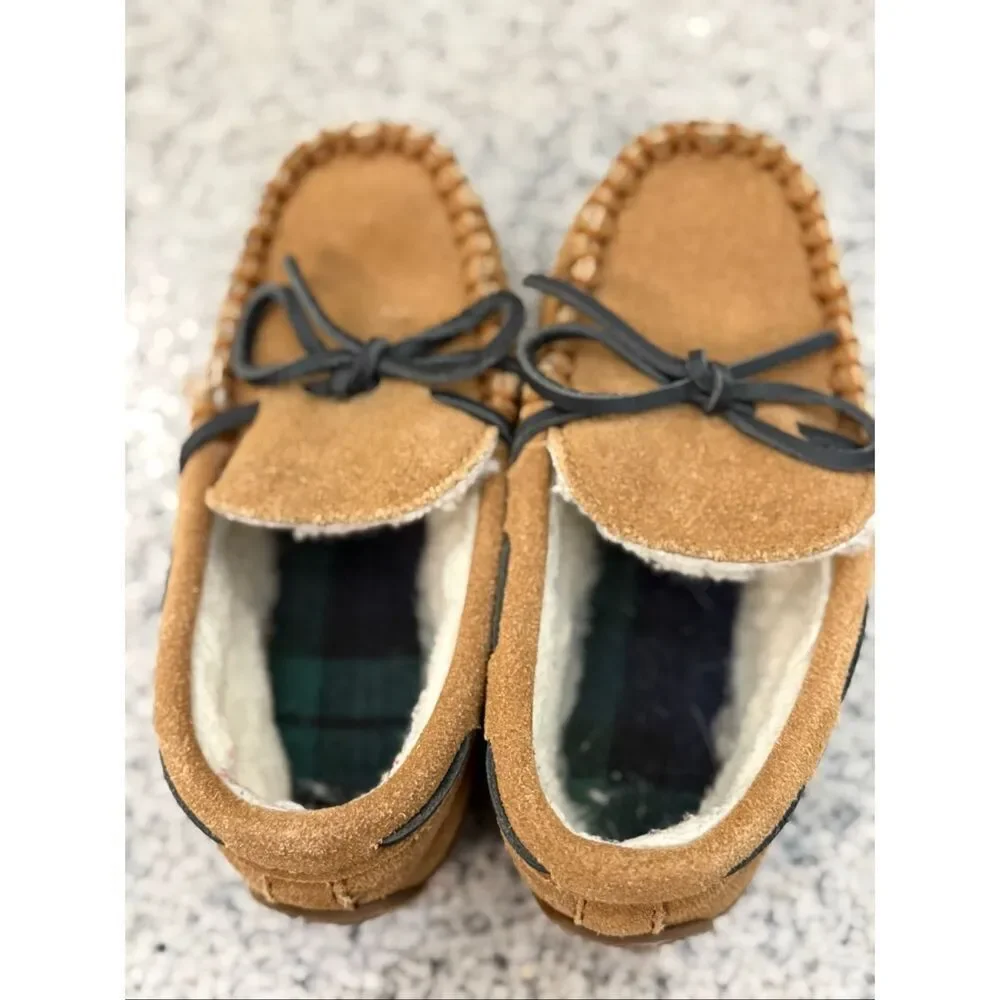 Vineyard Vines Kids Shearling Lined Suede Moccasin Slippers Brown Size 12